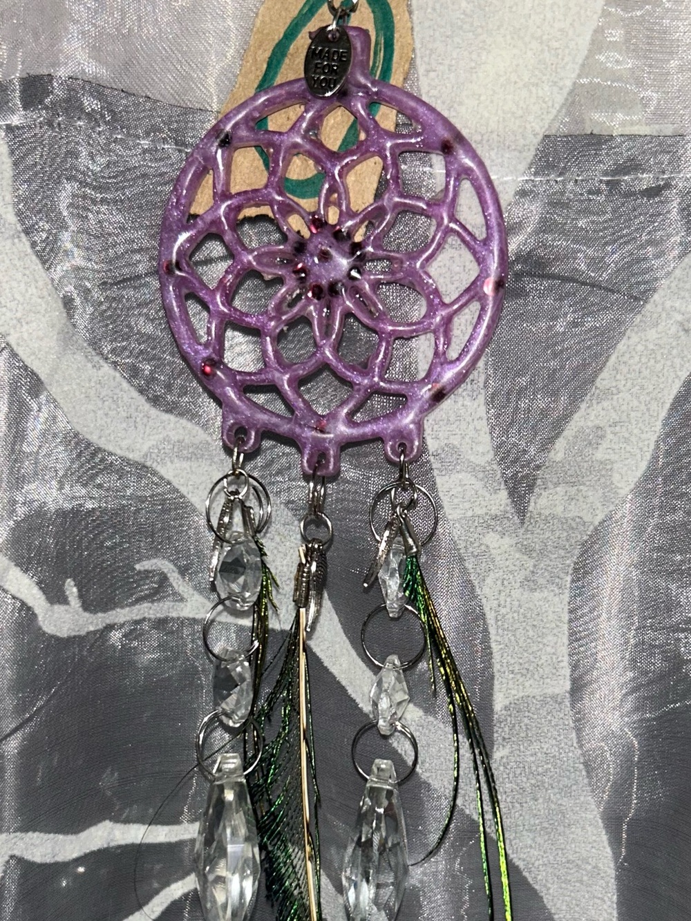 Hand casted Purple Resin Dreamcatcher with Peacock Feather and Crystal Accent